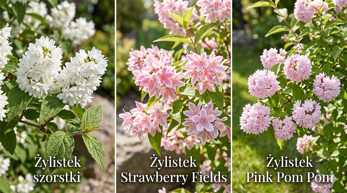 Przegląd odmian żylistka: Szorstki, Strawberry Fields i Pink Pom Pom Kolaż składający się z trzech pionowych paneli przedstawiających odmiany żylistka: biały żylistek szorstki po lewej, różowo-biały Strawberry Fields w środku oraz jasnoróżowy Pink Pom Pom po prawej. Każda sekcja ma podpis tekstowy.