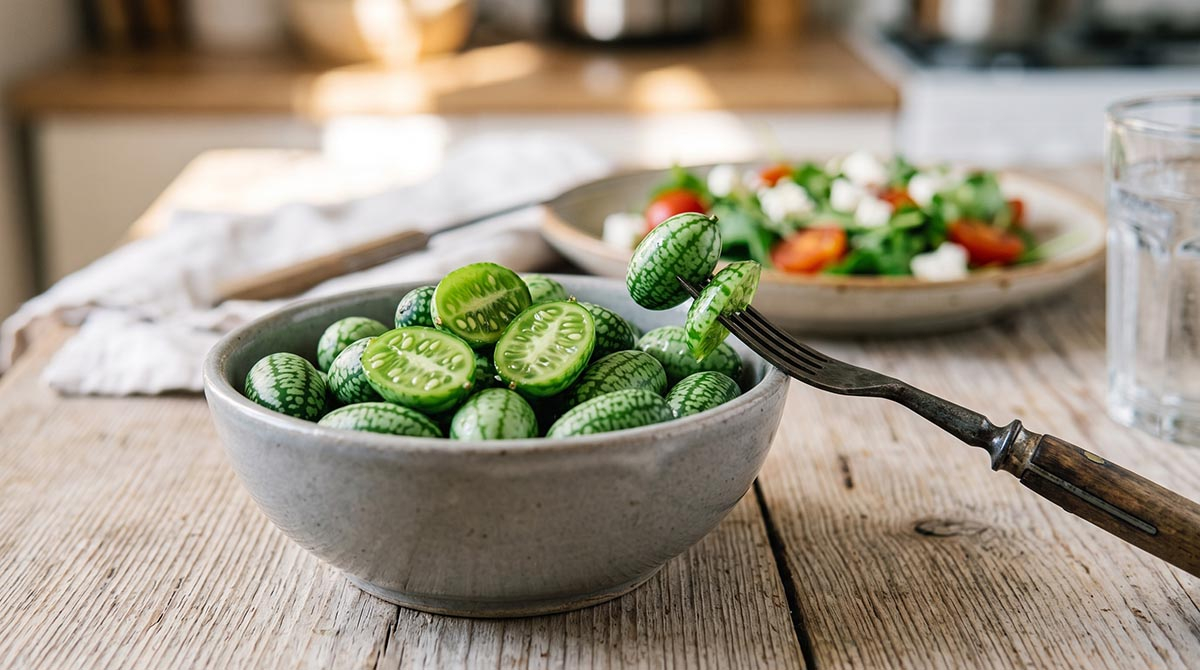 Cucamelon - orzeźwiający smak w miniaturze Zbliżenie na miseczkę z całymi i przekrojonymi owocami ogórka meksykańskiego (cucamelon) gotowymi do zjedzenia
