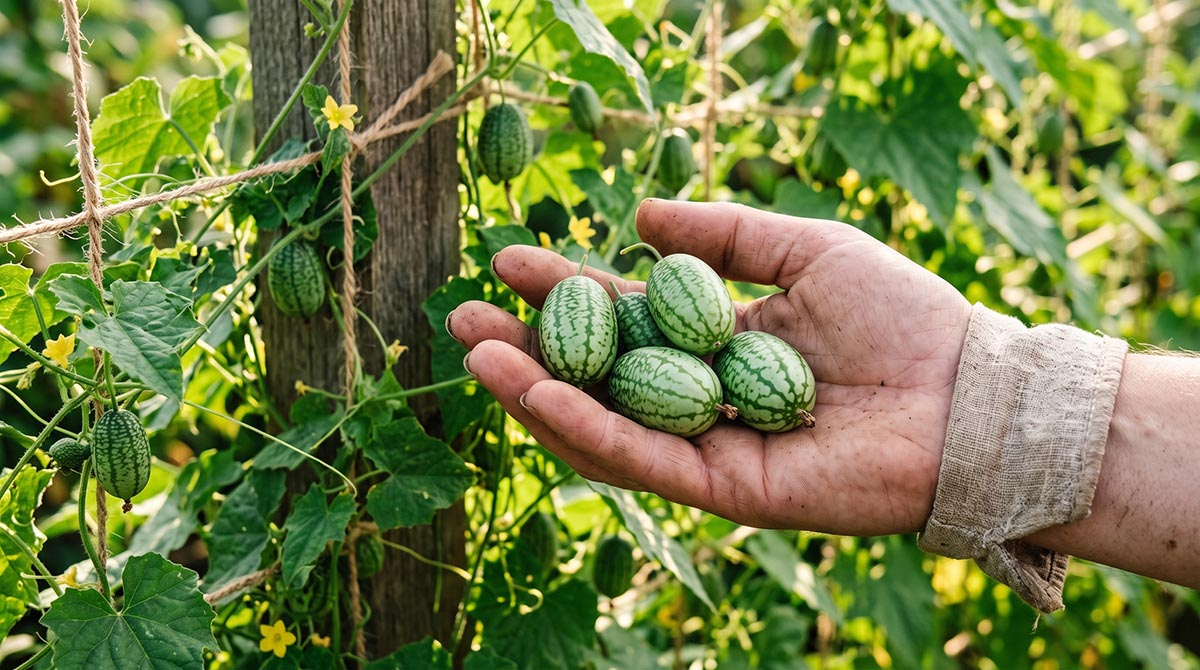 Ogórek meksykański - małe owoce o smaku limonki Dłoń ogrodnika trzymająca świeżo zebrane owoce ogórka meksykańskiego (cucamelon) na tle pnączy