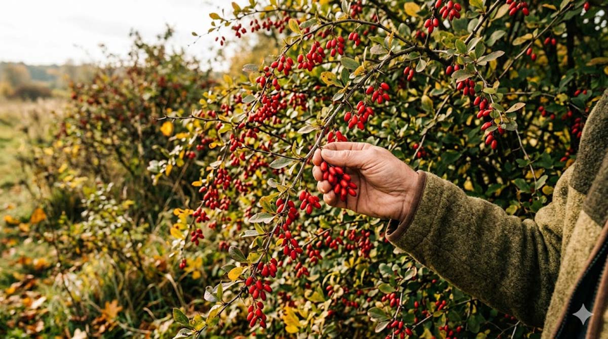 Zbiór owoców berberysu - naturalne źródło witaminy C Męska dłoń zrywająca dojrzałe, podłużne, czerwone owoce berberysu z krzaka w jesiennym ogrodzie.