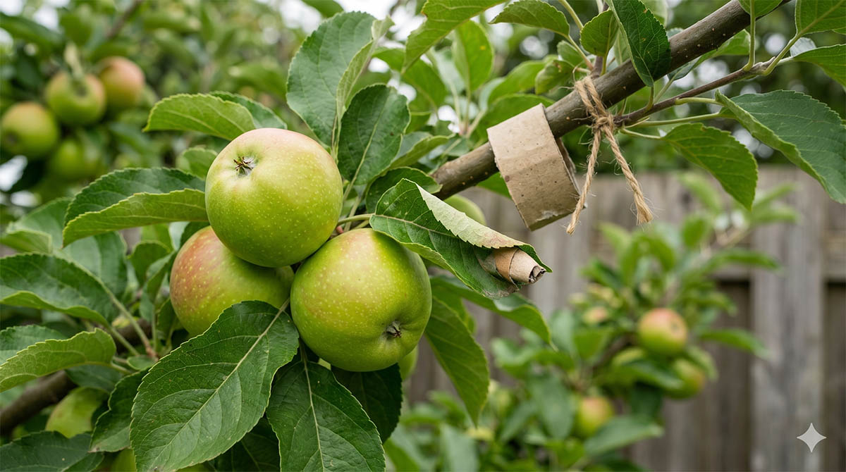 Naturalne metody zwalczania owocówki jabłkóweczki w ogrodzie Zielone jabłka na gałęzi oraz ekologiczna opaska z tektury na pniu drzewa przeciw owocówce jabłkóweczce