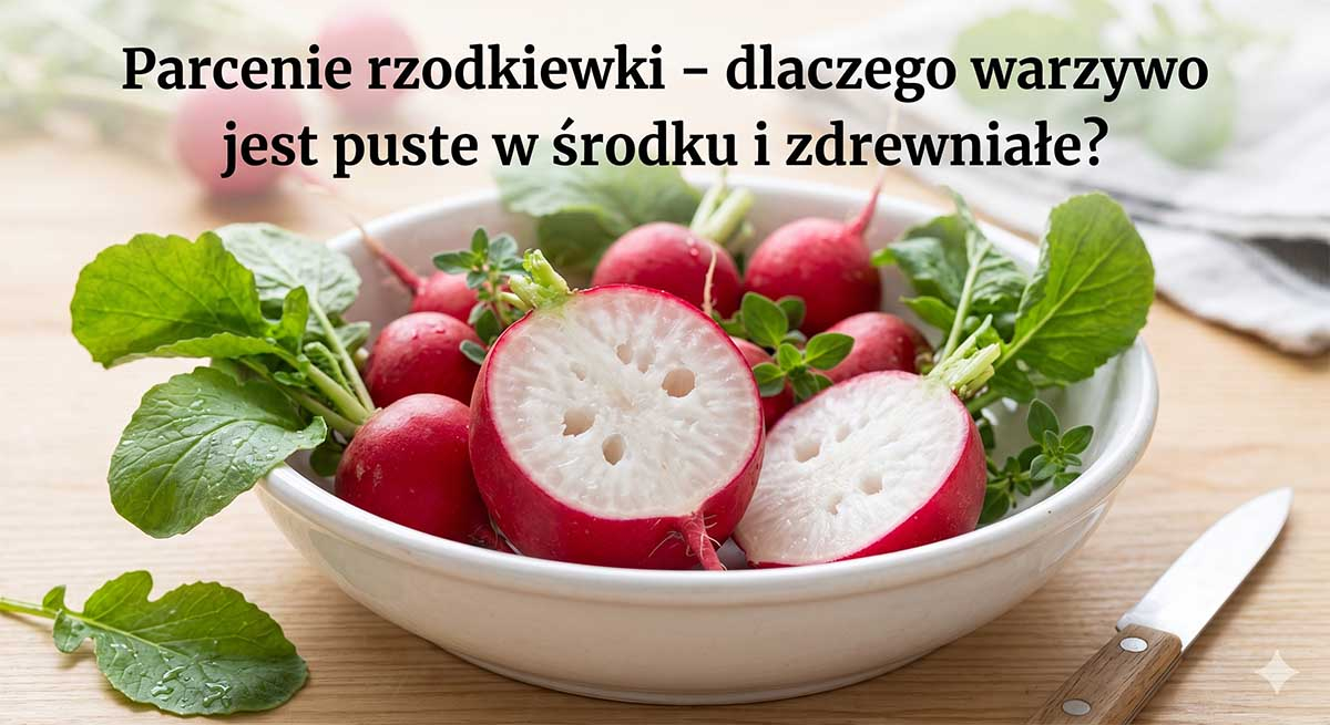 Parcenie rzodkiewki – dlaczego warzywo jest puste w środku i zdrewniałe? Przekrojona na pół duża, czerwona rzodkiewka ukazująca biały, gąbczasty i pusty środek, leżąca w białej misce obok całych rzodkiewek i zielonych liści.