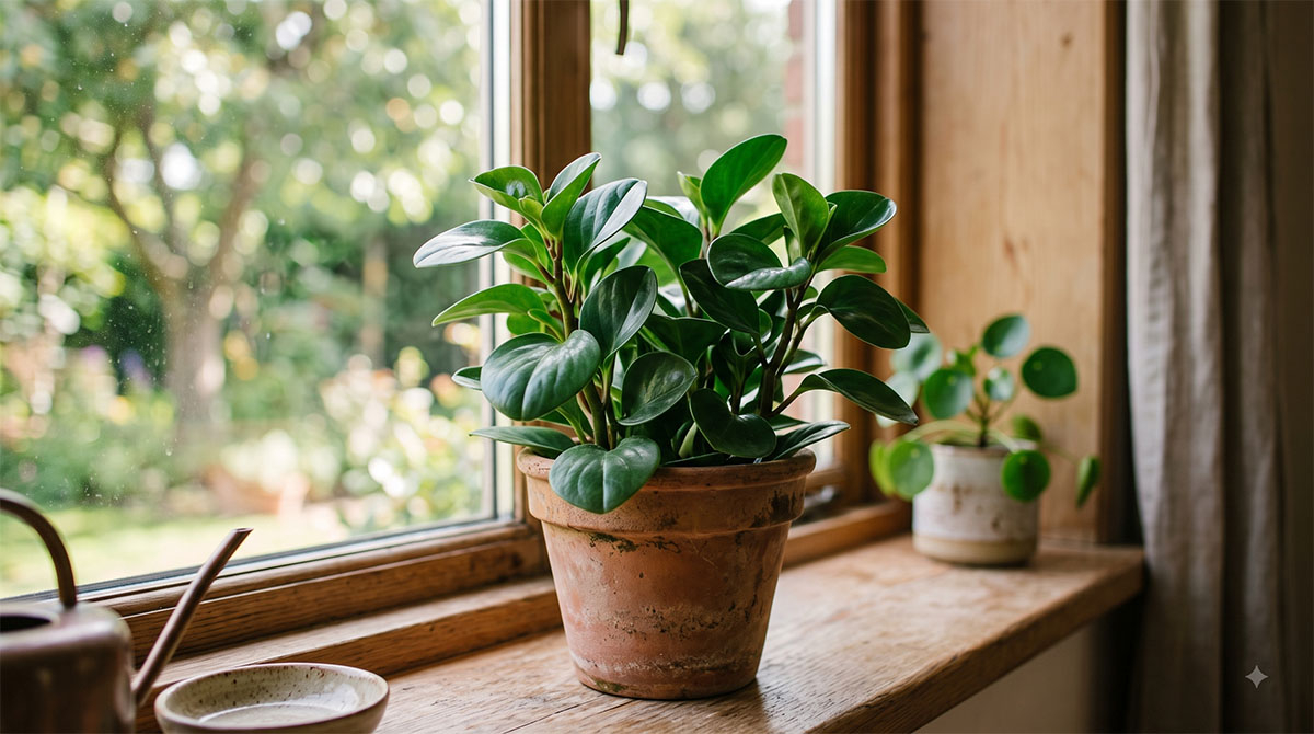 Peperomia tępolistna (Obtusifolia) - zdrowa roślina w doniczce Jasne stanowisko dla peperomii tępolistnej na drewnianym parapecie obok okna.