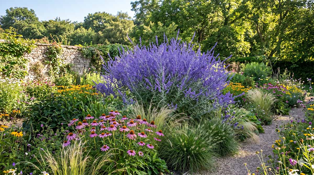 Wysoka odmiana Perovskia atriplicifolia 'Blue Spire' jako tło naturalistycznej rabaty z jeżówkami i trawami ozdobnymi.