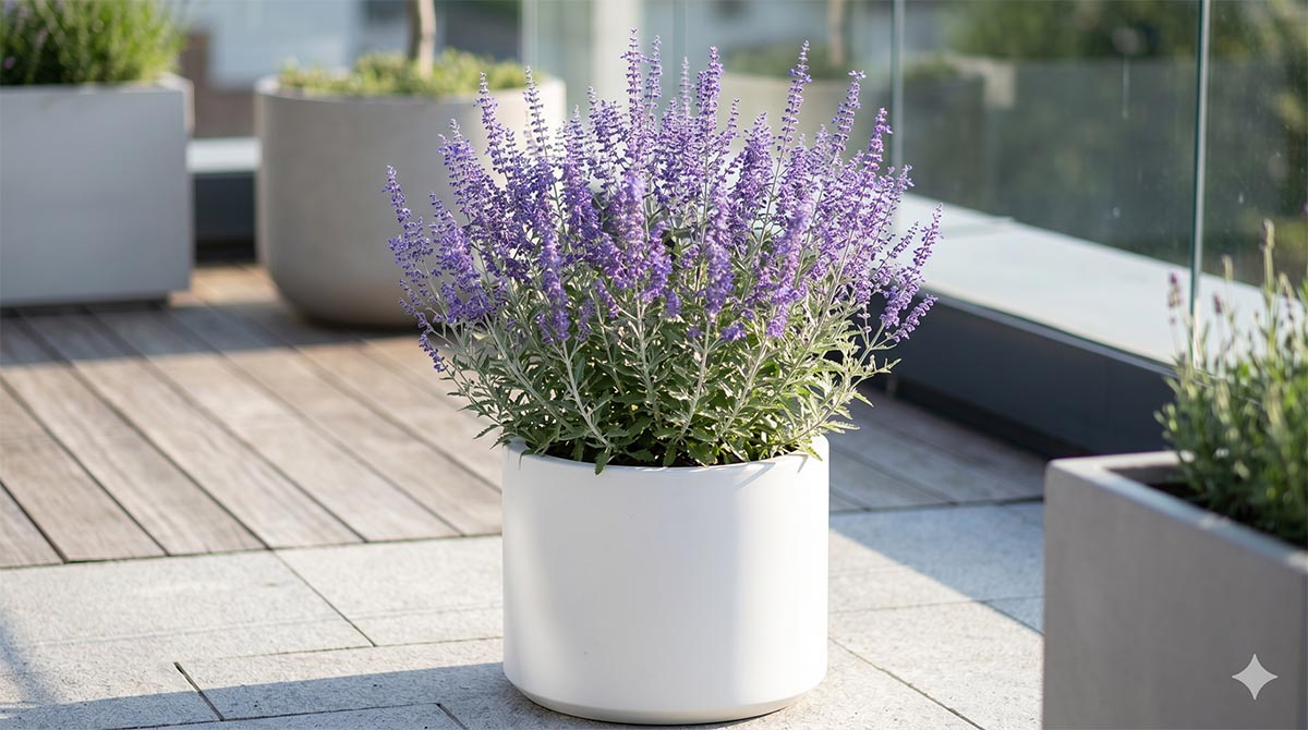 Kompaktowa odmiana Perovskia atriplicifolia 'Little Spire' rosnąca w nowoczesnej białej donicy na słonecznym tarasie.