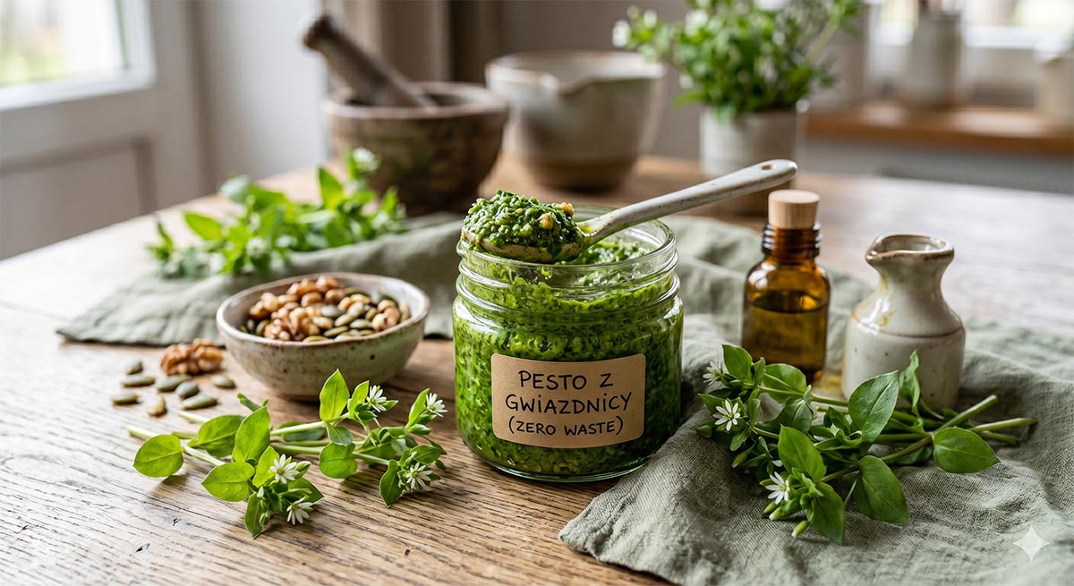 Potrawy z gwiazdnicy pospolitej - zielone pesto Zielone pesto z gwiazdnicy pospolitej w szklanym słoiczku na drewnianym blacie.