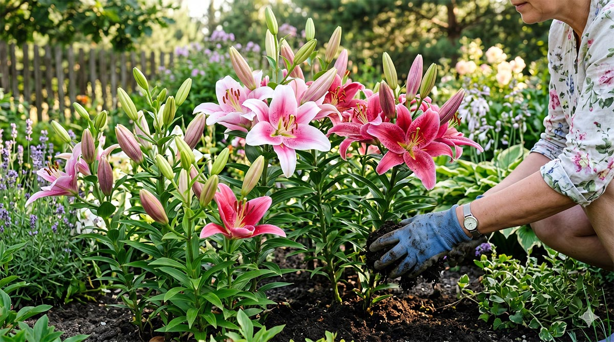 Pielęgnacja lilii w ogrodzie podczas kwitnienia Ogrodnik w rękawicach podsypuje naturalny nawóz pod kwitnące różowe lilie ogrodowe, aby zapewnić bujne i obfite kwitnienie