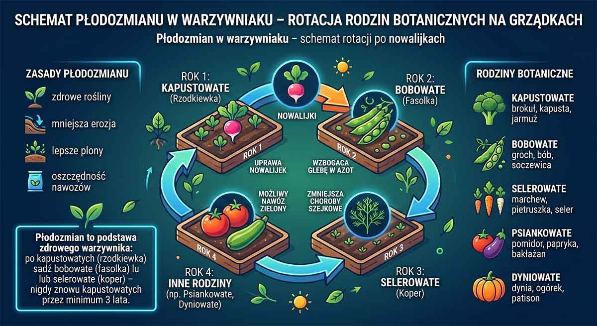 Płodozmian w warzywniaku - schemat rotacji po nowalijkach Schemat płodozmianu w warzywniaku - rotacja rodzin botanicznych na grządkach