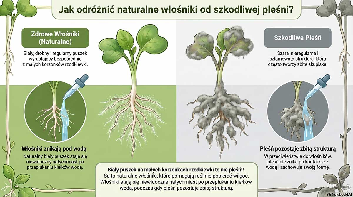 Jak odróżnić naturalne włośniki od szkodliwej pleśni? Schemat edukacyjny z dwoma powiększonymi obrazkami. Po lewej zdrowy kiełek z białym, drobnym puszkiem (włośnikami), który znika pod wodą. Po prawej szara, szlamowata struktura pleśni wydzielająca brzydki zapach.