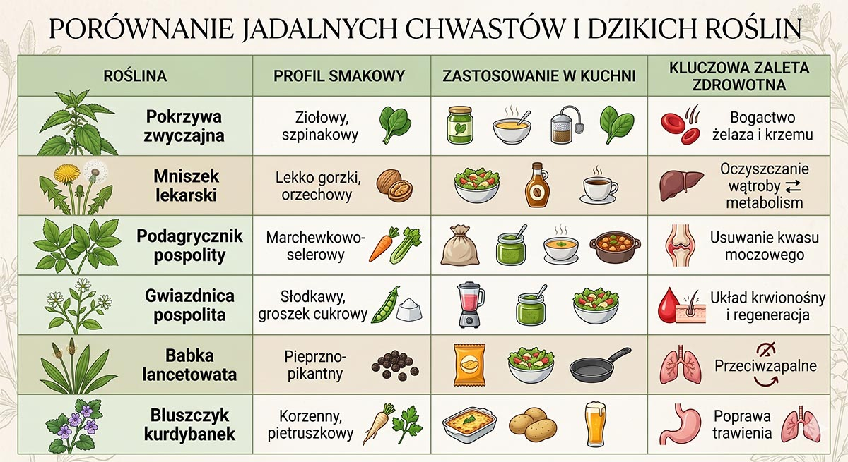 porównanie jadalnych chwastów w tabeli aby uchronić je przed pieleniem tabela z porównaniem jadalnych chwastów pod kątem smakowym, wykorzystania w kuchni