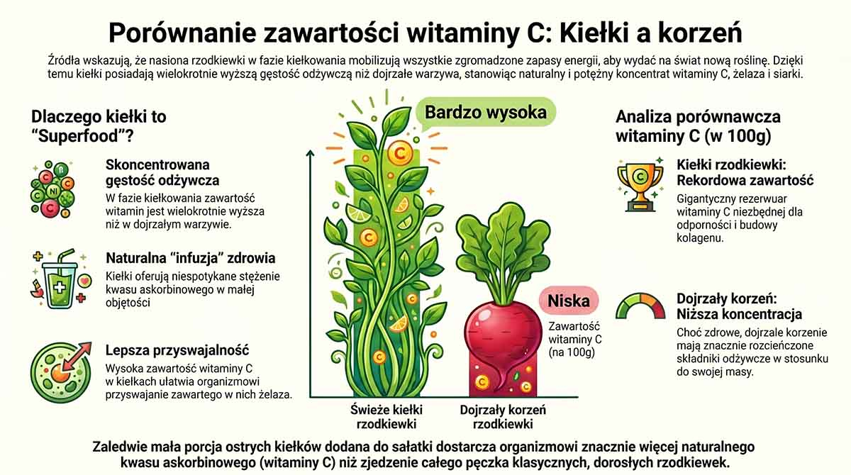Wykres słupkowy porównujący zawartość witaminy C w 100 gramach świeżych kiełków rzodkiewki (bardzo wysoki, zielony słupek) z jej zawartością w 100 gramach dojrzałego, czerwonego korzenia rzodkiewki (niski, czerwony słupek).