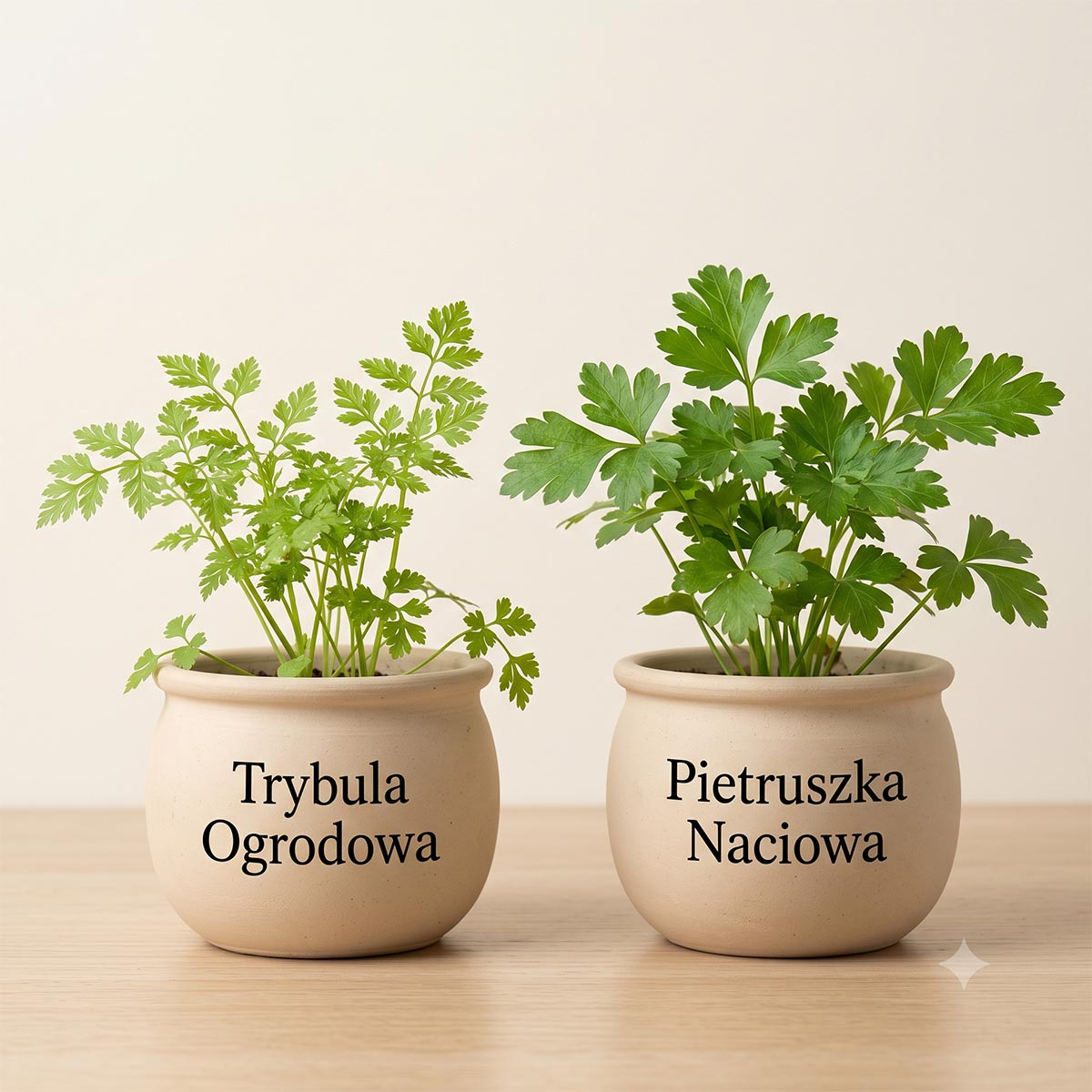 Porównanie botaniczne: po lewej trybula ogrodowa (z identycznymi, jasnymi liśćmi jak na zdjęciu głównym), po prawej ciemniejsza pietruszka naciowa.