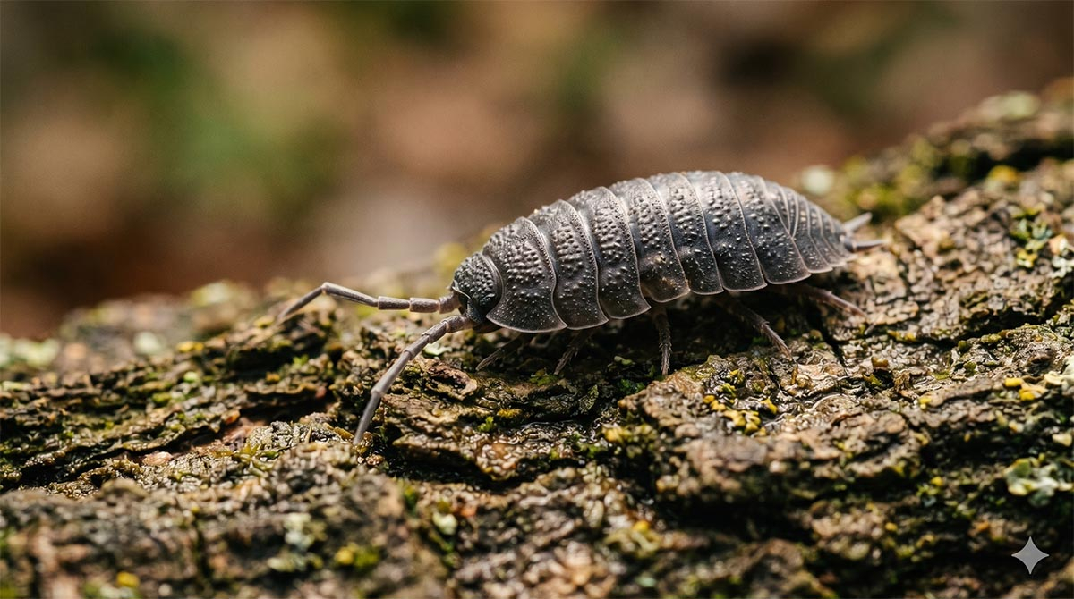 Prosionek szorstki na wilgotnej korze drzewa Zbliżenie makro na prosionka szorstkiego idącego po wilgotnej korze pokrytej mchem