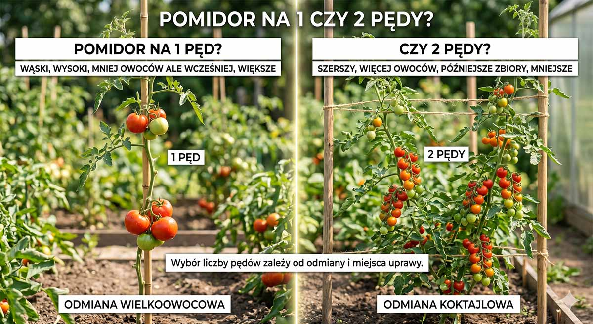 Pomidor na 1 czy 2 pędy? Prowadzenie pomidora na jeden lub dwa pędy – schemat