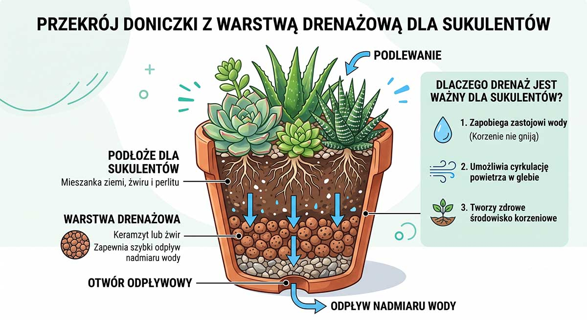 Warstwa drenażowa w doniczce przekrój doniczki z warstwą drenażową dla sukulentów