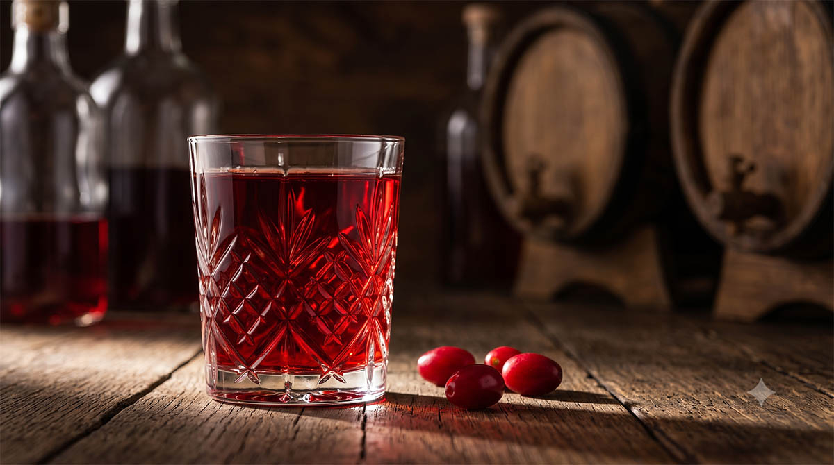 Aksamitna nalewka z derenia jadalnego - dereniówka gotowa do degustacji. Szklanka kryształowa z ciemnorubinową nalewką z derenia (dereniówką) stojąca na dębowym stole obok świeżych owoców.