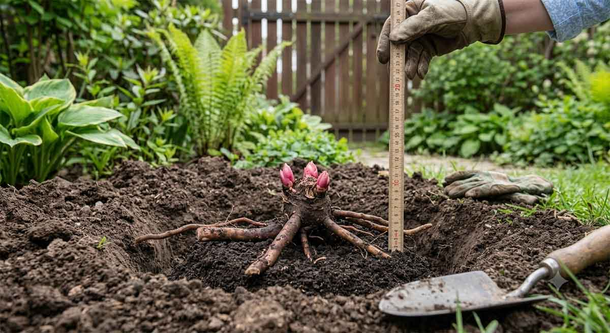 Sadzenie piwonii zielnej na głębokości 3&ndash;5 cm &ndash; prawidłowe położenie oczek wzrostowych