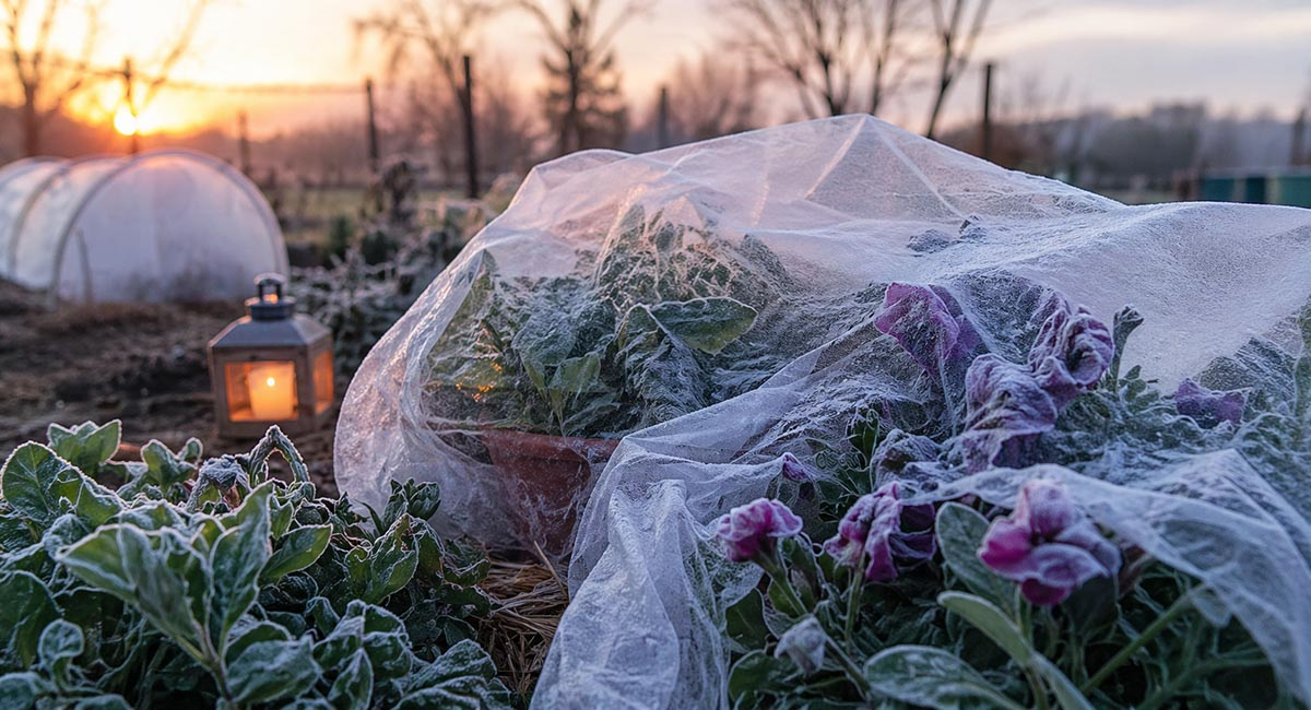 Rośliny zabezpieczone przed nocnym przymrozkiem - jedna noc bez ochrony może zniszczyć cały ogród rośliny ogrodowe przykryte agrowłókniną podczas przymrozku w ogrodzie