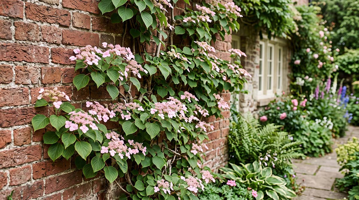 Przywarka japońska Roseum kwitnąca na ceglanym murze Przywarka japońska Schizophragma hydrangeoides Roseum z delikatnymi różowymi kwiatostanami wspinająca się po ceglanym murze w ogrodzie