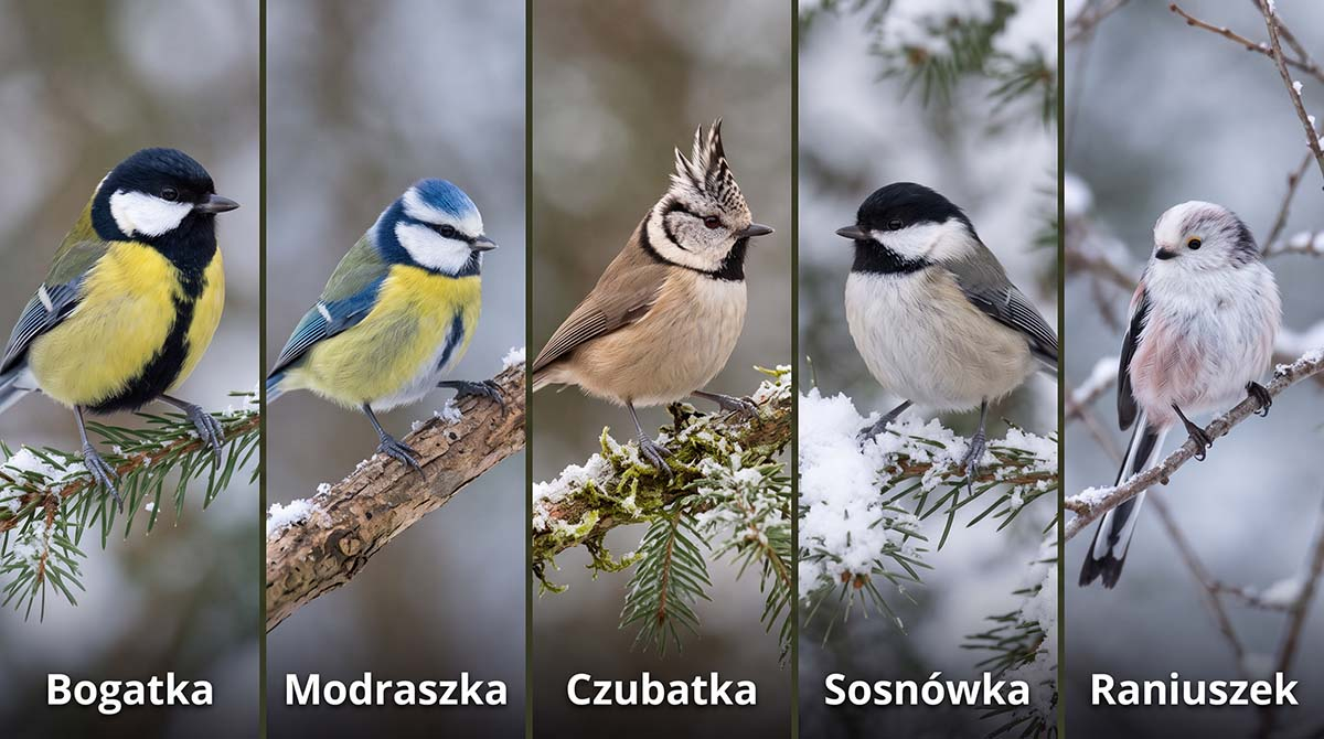 Gatunki małych ptaków odwiedzających polskie ogrody zimą Zestawienie pięciu małych ptaków zimujących w Polsce: sikora bogatka, modraszka, czubatka, sosnówka oraz raniuszek.