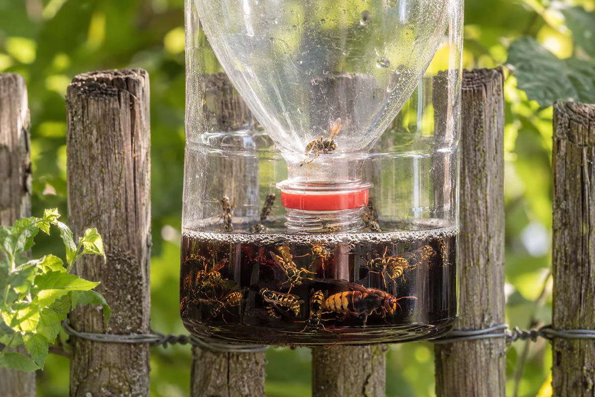 Pułapka na osy z plastikowej butelki wypełniona colą Domowa pułapka na osy wykonana z plastikowej butelki 1,5 l z odwróconym lejkiem i colą jako wabikiem, zawieszona na drewnianym płocie w letnim ogrodzie.
