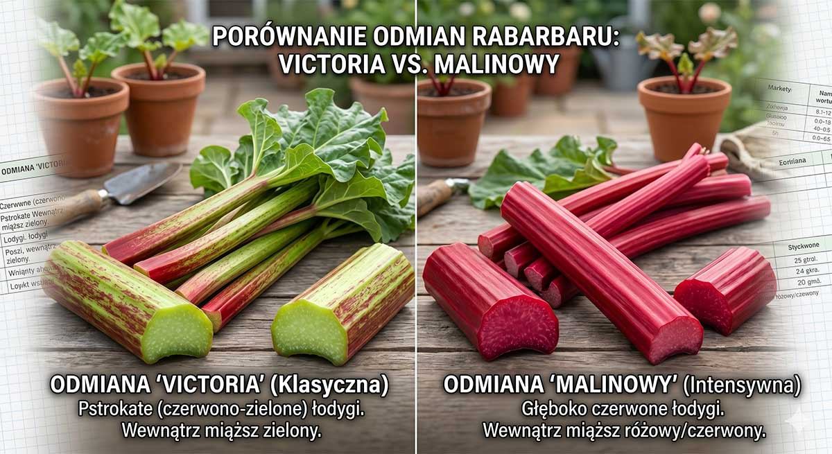 Rabarbar odmiany - zestawienie odmiany Victoria i Malinowy Porównanie wyglądu łodyg: z lewej strony klasyczny rabarbar Victoria (wybarwiający się na rabarbar zielony), a z prawej strony intensywnie czerwony rabarbar malinowy.