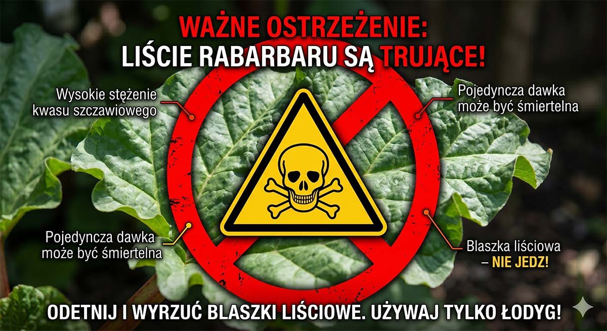 Uwaga: liście rabarbaru są toksyczne i niejadalne Znak ostrzegawczy na blaszce liściowej. Pamiętaj, że każdy rabarbar posiada silnie toksyczne liście z powodu kwasu szczawiowego i pod żadnym pozorem nie wolno ich jeść.