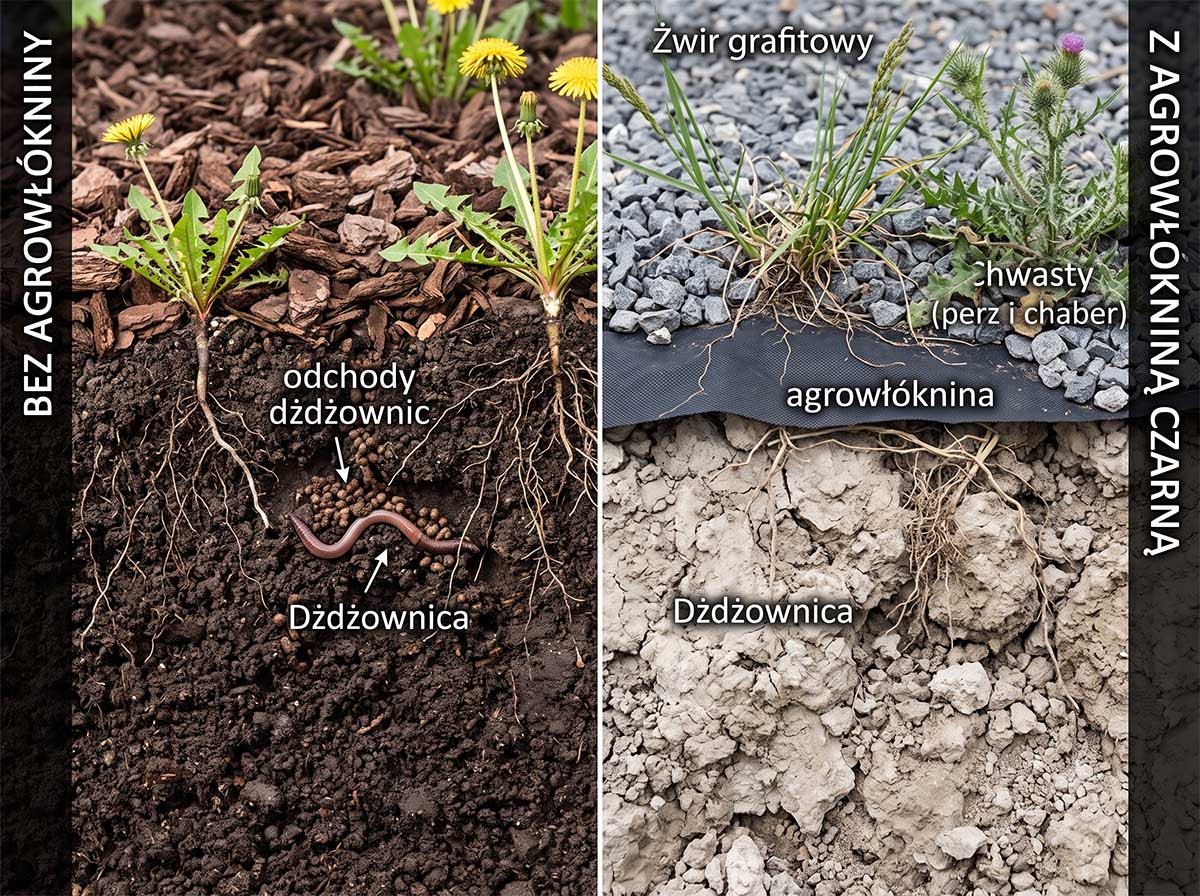 Porównanie gleby pod ściółką bez włókniny i z agrowłókniną. Zdjęcie porównawcze przekroju gleby pod rabatą: po lewej żyzna gleba ze ściółką organiczną bez agrowłókniny, po prawej zbita, sucha ziemia pod czarną agrowłókniną i żwirem.
