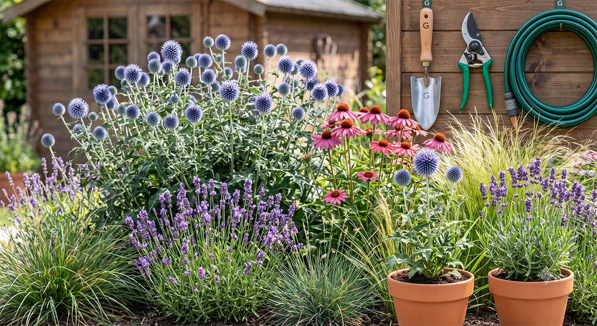 Z czym łączyć przegorzan? Gotowa inspiracja ogrodowa z jeżówką i lawendą. ucholubna rabata z przegorzanem (Echinops), jeżówką (Echinacea) i lawendą w pełnym słońcu. Po prawej drewniany wieszak z narzędziami