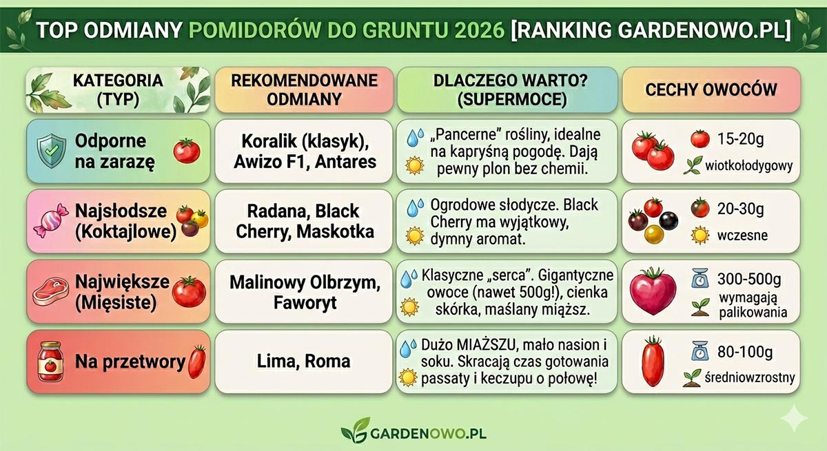 Które pomidory do gruntu wybrać? Zobacz zestawienie najsłodszych i najodporniejszych odmian. Tabela porównawcza najlepszych odmian pomidorów do gruntu 2026: Koralik, Bawole Serce, Lima, Malinowy Ożarowski