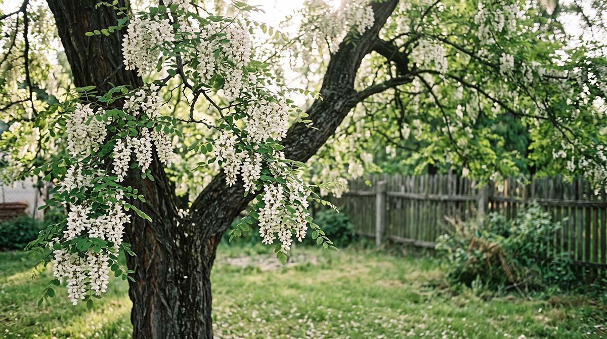 Robinia akacjowa (grochodrzew) w pełni kwitnienia Kwitnąca robinia akacjowa z długimi, białymi gronami kwiatów w ogrodzie w maju