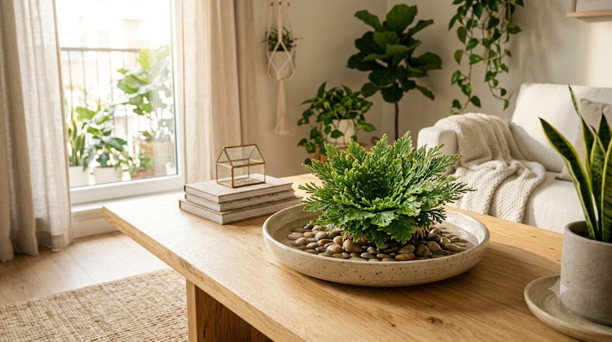 Róża jerychońska jako ozdoba nowoczesnego salonu Rozwinięta zielona róża jerychońska w ceramicznej podstawce na jasnym drewnianym stole w salonie.