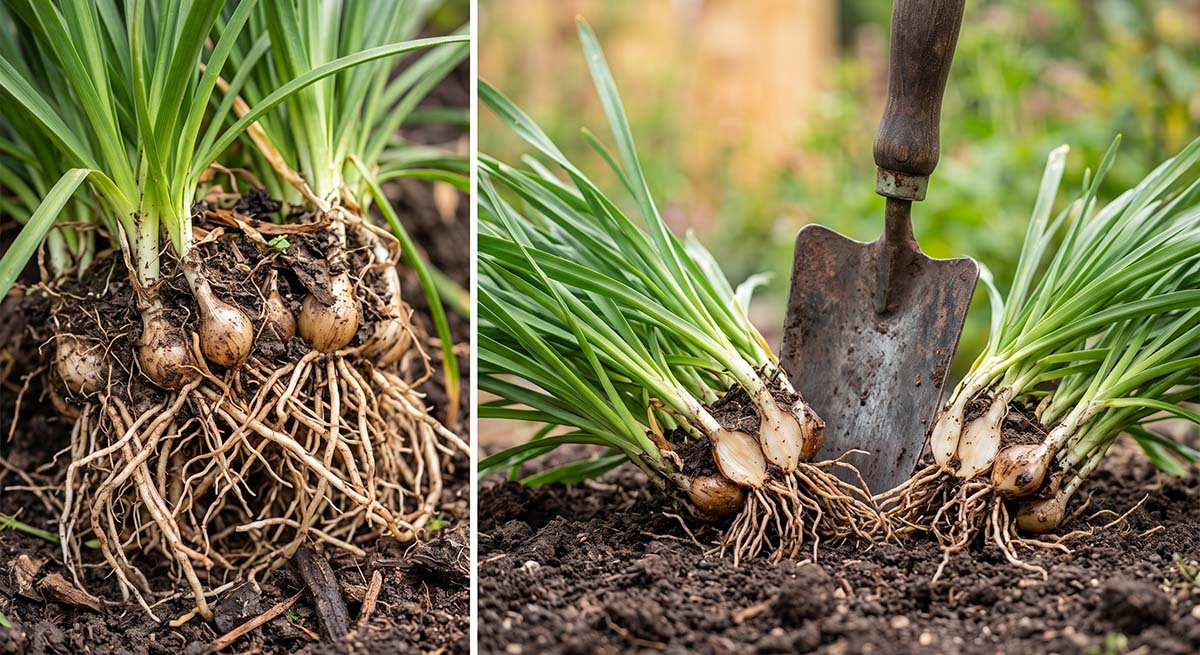 Podział karpy Allium Millenium krok po kroku Bliski plan podziału dojrzałej karpy czosnku bylinowego Millenium łopatką ogrodniczą w celu rozmnożenia