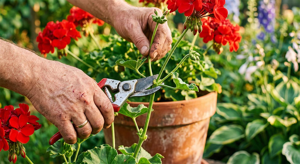 Przygotowanie sadzonek pelargonii przed zimą. Dłoń z sekatorerm pobierająca sadzonkę wierzchołkową pelargonii rabatowej w sierpniu.