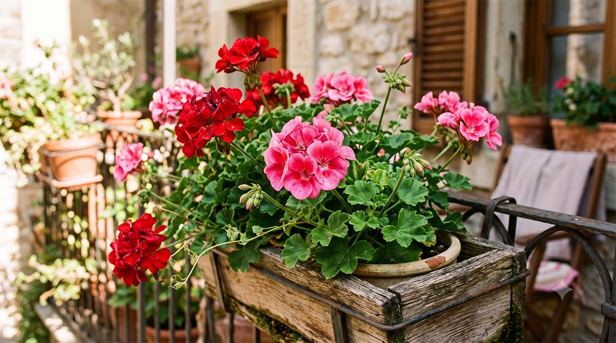 Różowe i czerwone pelargonie w drewnianej skrzynce na słonecznym balkonie Różowe i czerwone pelargonie z zielonymi liśćmi kwitnące w rustykalnej, drewnianej skrzynce na przytulnym, słonecznym balkonie.