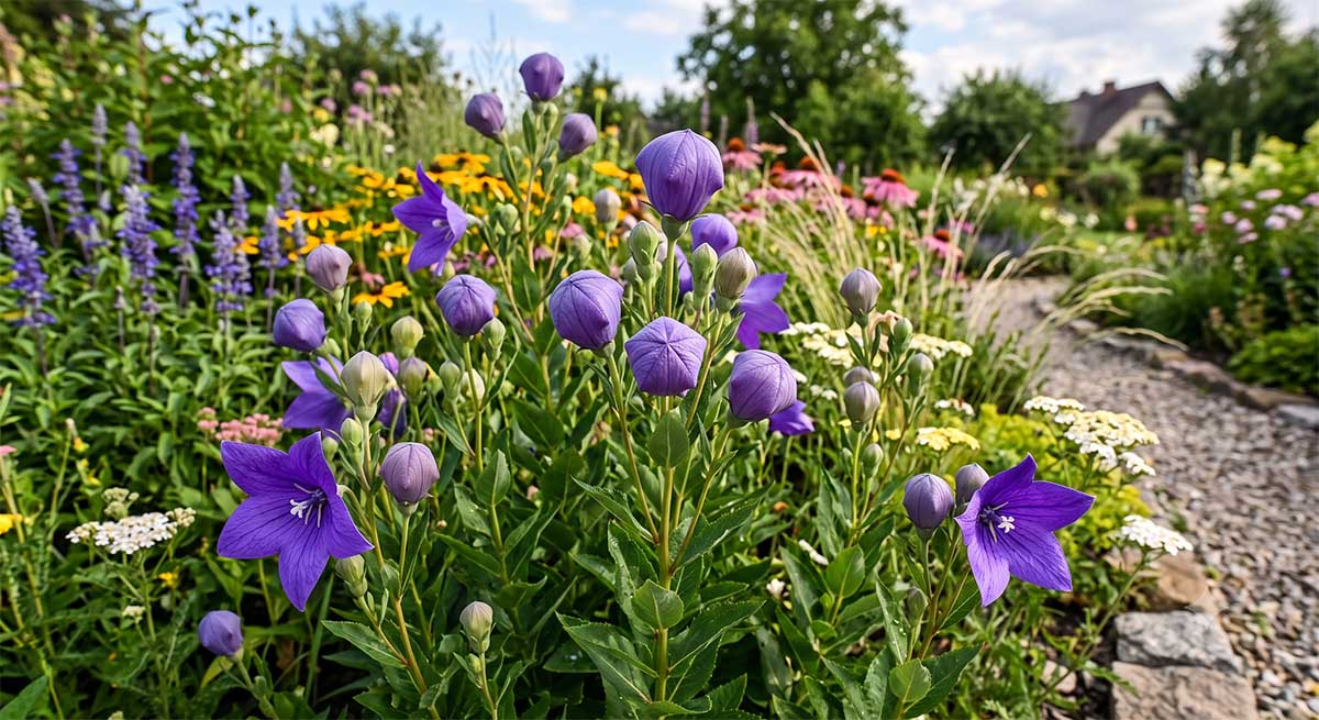 Rozwar wielkokwiatowy (Platycodon grandiflorus) w lipcowym ogrodzie Rozwar wielkokwiatowy o fioletowych pąkach w kształcie baloników na rabacie w lipcu