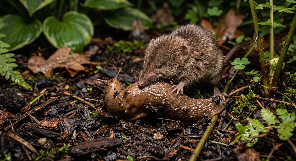 Ryjówka w akcji - naturalny sposób na ślimaki w ogrodzie Makrofotografia ryjówki atakującej dużego ślimaka bezskorupowego (pomrowa) w ściółce ogrodowej.