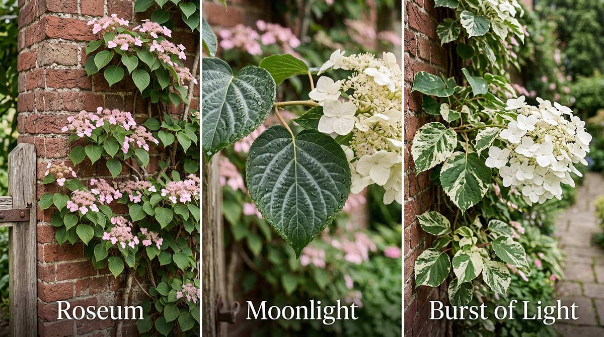Odmiany przywarki japońskiej: Roseum, Moonlight i Burst of Light Zestawienie trzech odmian przywarki japońskiej na jednym zdjęciu: kwitnąca na różowo Roseum, odmiana Moonlight ze srebrzystym unerwieniem liści oraz pstra Burst of Light