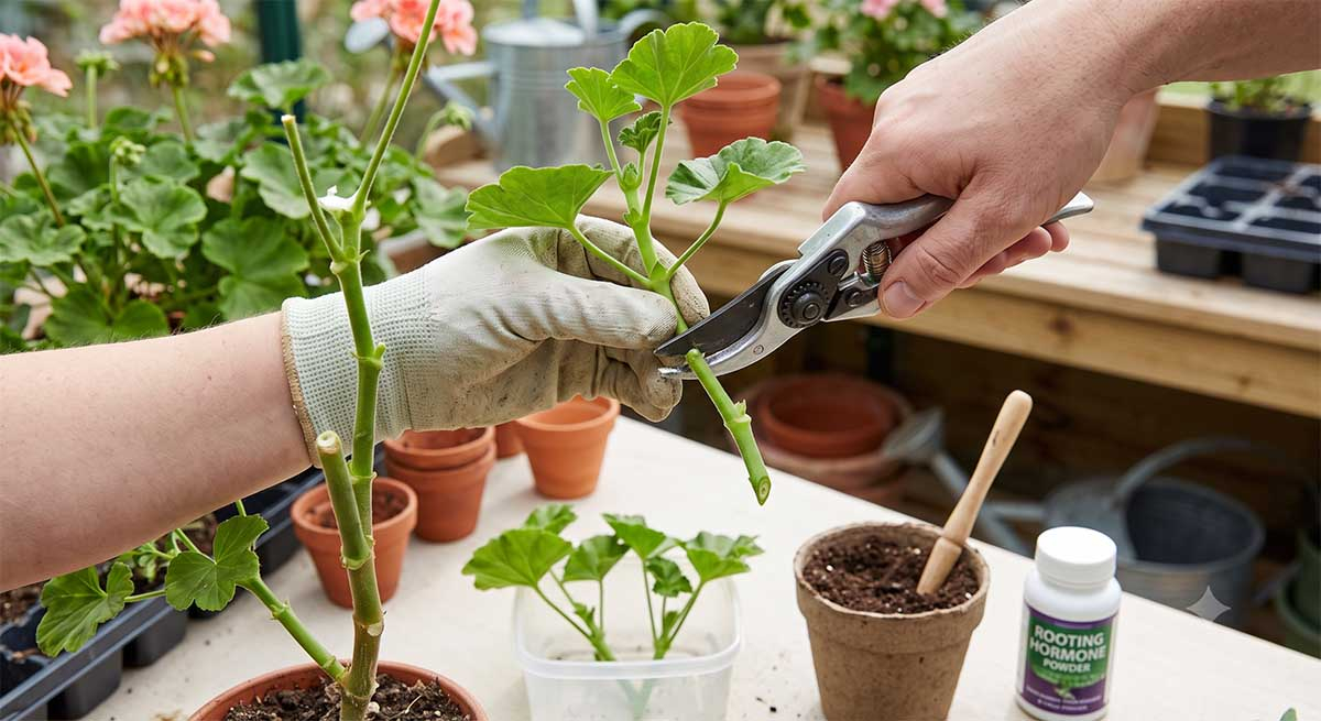 Cięcie sadzonki pelargonii Sadzonki pelargonii jak ukorzenić - cięcie pędu sekatorem