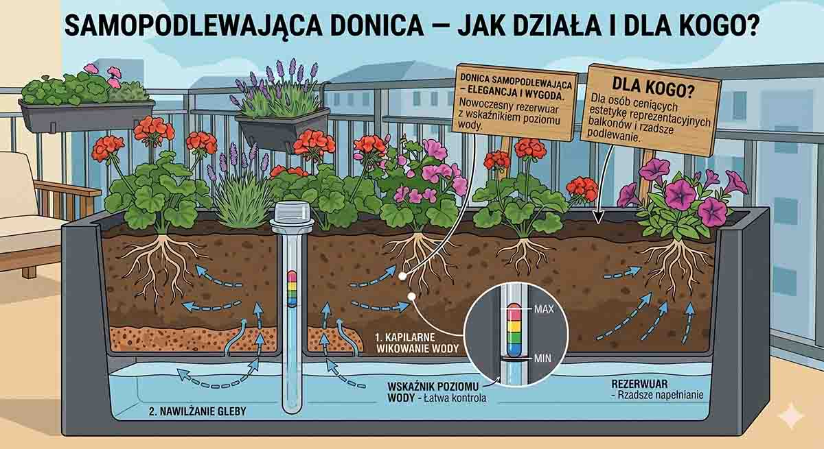 Samopodlewająca donica balkonowa ze wskaźnikiem poziomu wody