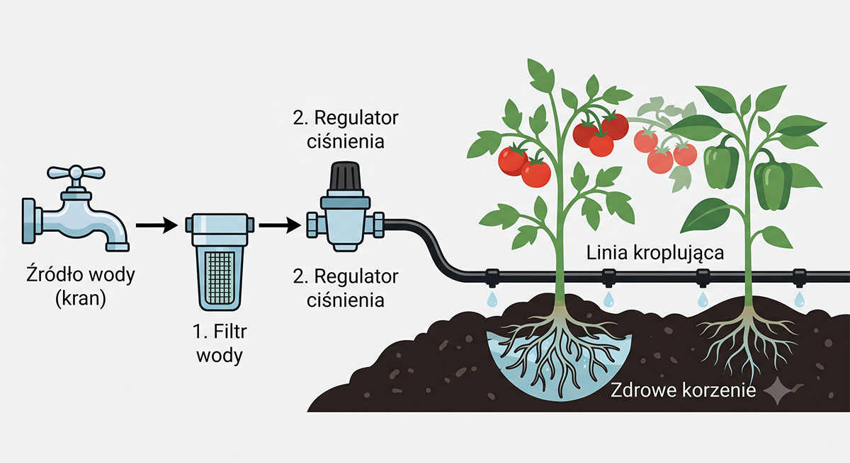 Infografika pokazująca kolejność podłączenia elementów nawadniania: kran, filtr, reduktor ciśnienia, linia kroplująca przy roślinach.