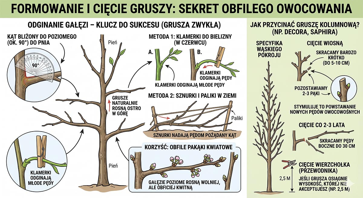 Jak prawidłowo posadzić drzewko gruszy? Schemat techniczny sadzenia gruszy: dołek 50x50 cm, drenaż, palikowanie i poziom miejsca szczepienia.