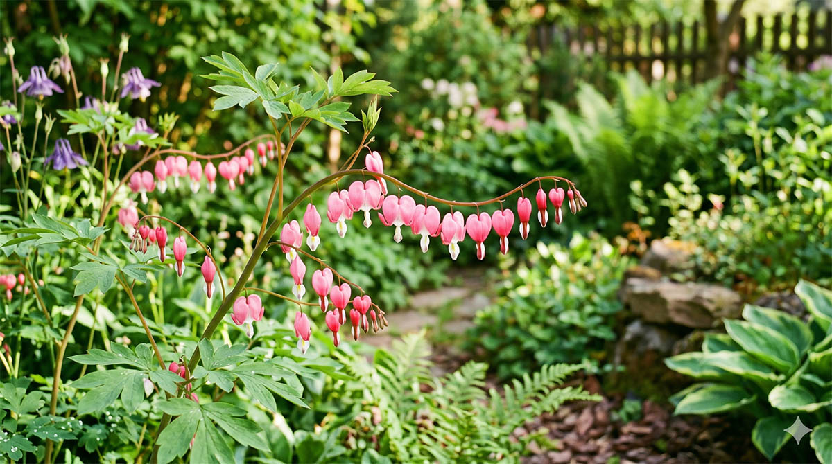Kwitnąca serduszka okazała (Lamprocapnos spectabilis) w ogrodzie Serduszka okazała o charakterystycznych różowo-białych kwiatach w kształcie serc, rosnąca na rabacie w ogrodzie o charakterze naturalnym.