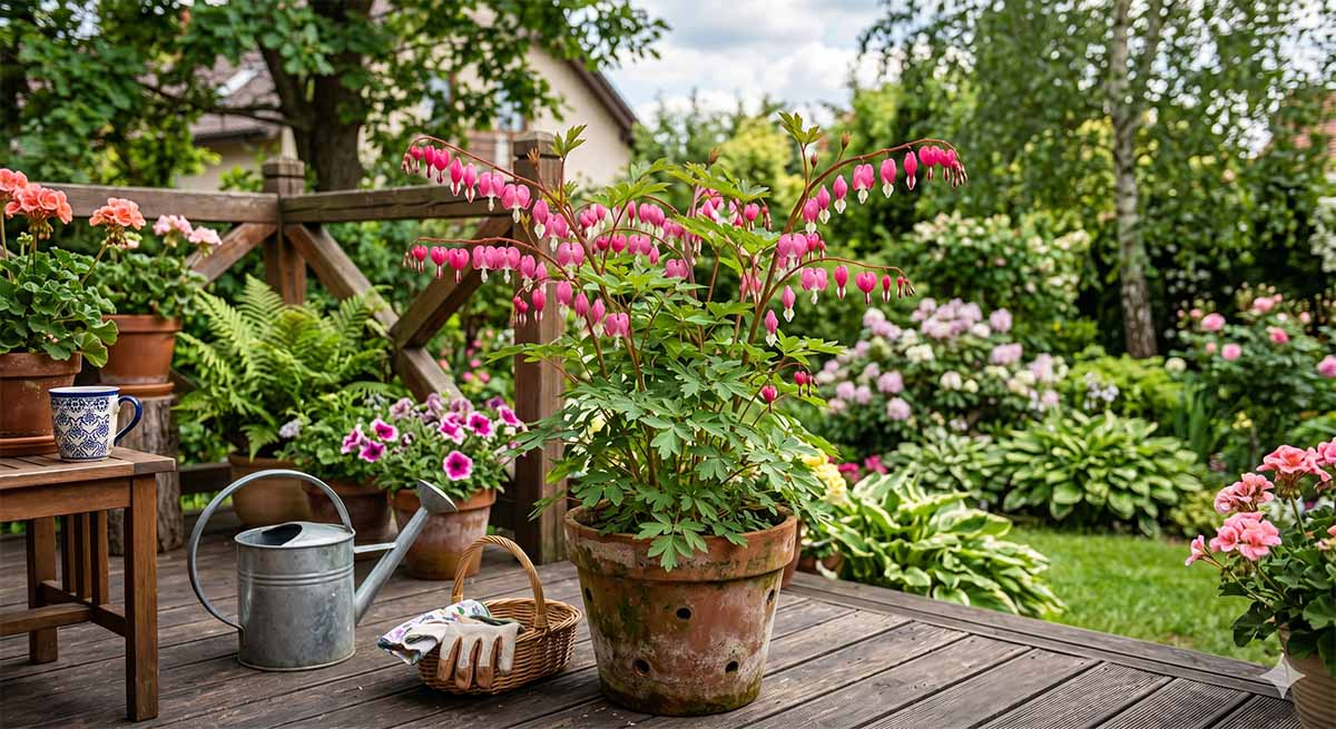 Serduszka okazała (Dicentra spectabilis) uprawiana w donicy na drewnianym tarasie. Kwitnąca serduszka okazała o różowo-białych kwiatach w glinianej donicy na drewnianym tarasie, obok metalowej konewki i koszyka ogrodowego.