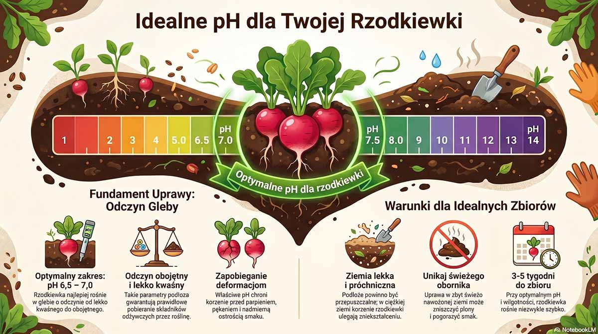 Optymalny odczyn pH gleby dla uprawy rzodkiewki Kolorowa skala pH od 1 do 14, z wyraźnie zaznaczonym i powiększonym na zielono zakresem od 6,5 do 7,0, opisanym jako "Optymalne pH dla rzodkiewki".