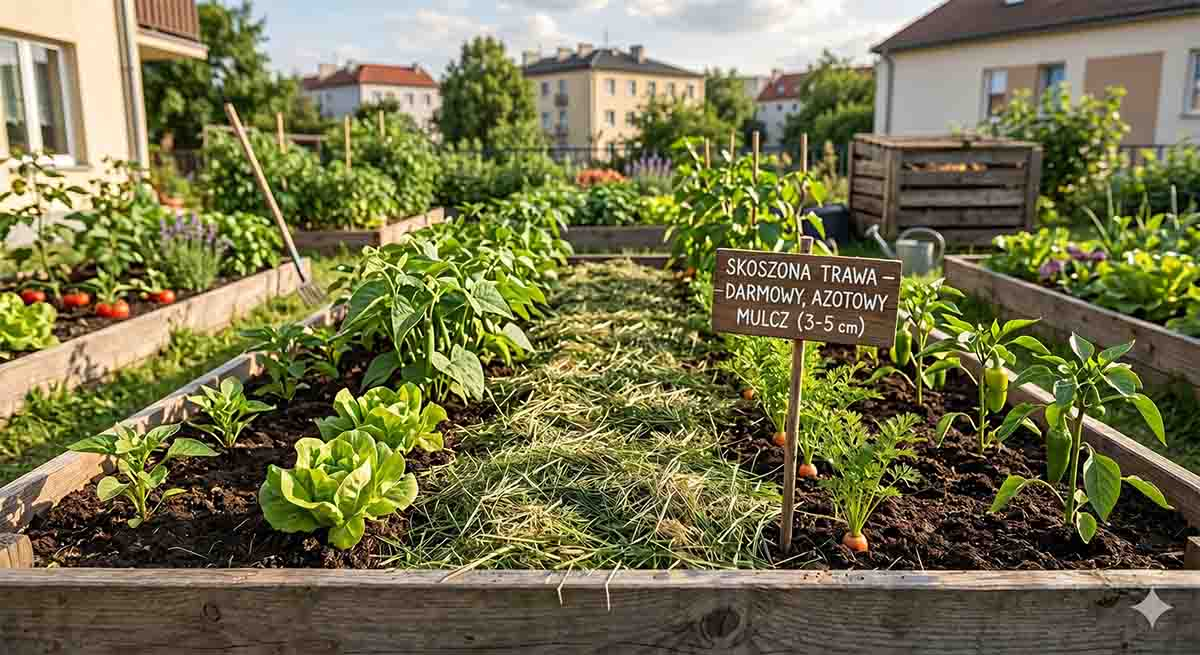 Skoszona trawa jako mulcz w warzywnikowi No-Dig między rzędami warzyw