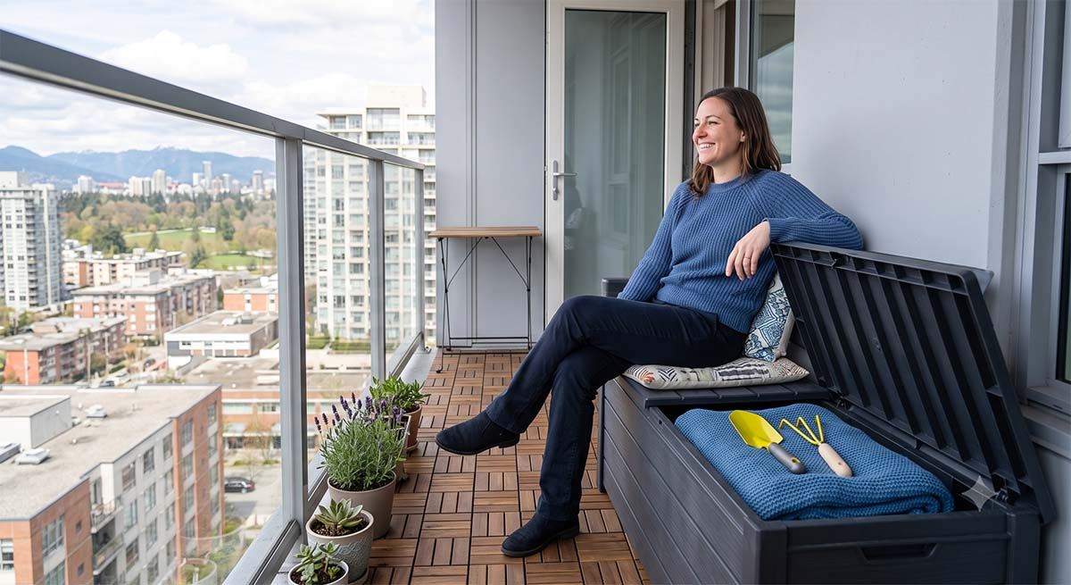 Propozycja: Nowoczesna szara ławka skrzynia na mały balkon Szara skrzynia balkonowa z funkcją siedziska, z uchylonym wiekiem pokazującym schowane koce i narzędzia, na której siedzi uśmiechnięta osoba na tle panoramy miasta.