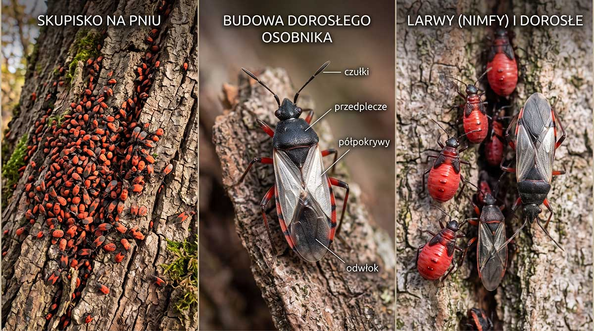 Skupieniec lipowy - infografika w trzech kadrach: kolonia owadów na korze lipy, budowa anatomiczna dorosłego osobnika oraz porównanie nimf z postaciami dorosłymi.