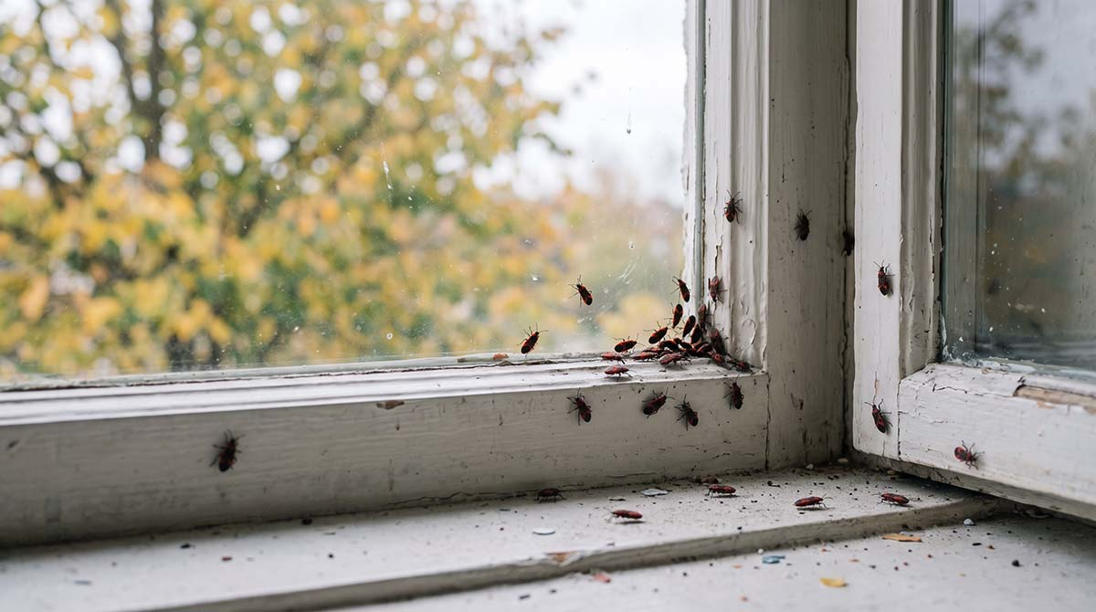 Skupieniec lipowy na oknie i parapecie w domu jesienią