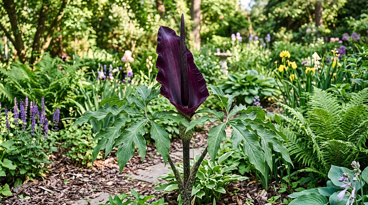 Smocza lilia (Dracunculus vulgaris) - egzotyczny gigant w ogrodzie Duży, monumentalny kwiat smoczej lilii (Drakunkulus zwyczajny) o ciemnopurpurowej pochwie i czarnej kolbie, rosnący na rabacie w ogrodzie w otoczeniu zielonych liści w słoneczny dzień.